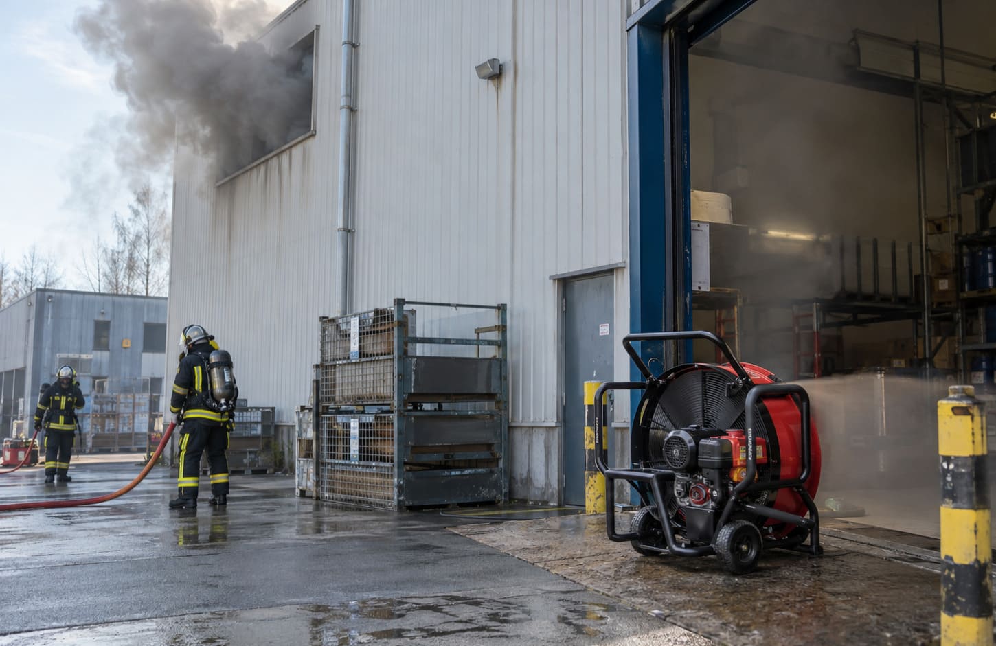 Alt : Ventilateur utilisé pour la ventilation opérationnelle lors d'une intervention incendie