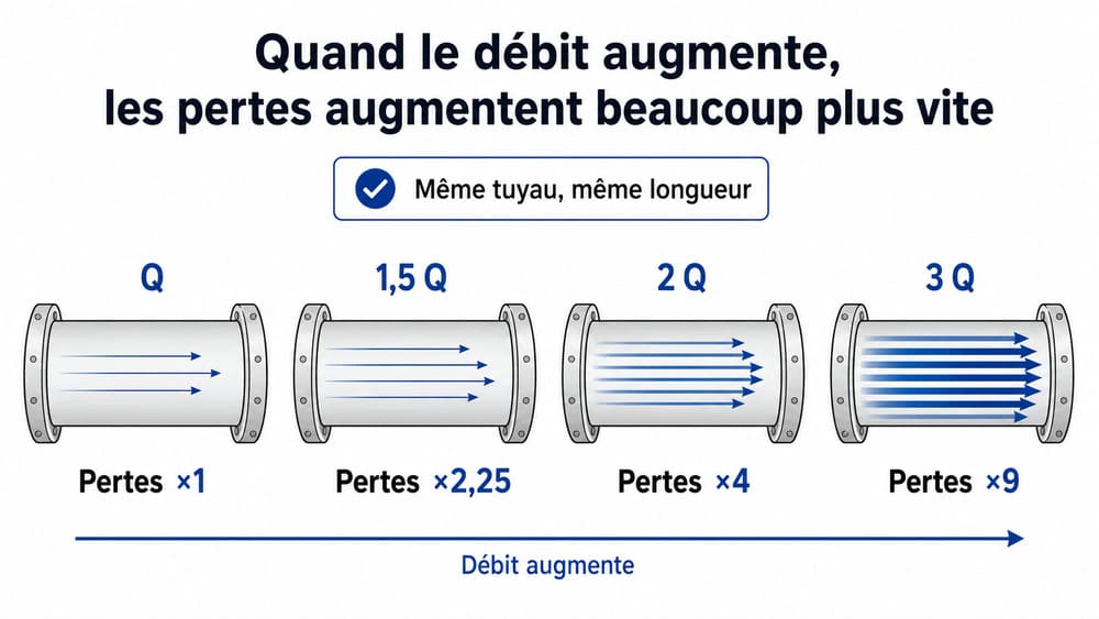 Comparaison des pertes dans un même tuyau lorsque le débit est multiplié par 1,5, 2 ou 3 : les pertes sont respectivement multipliées par 2,25, 4 et 9.